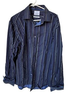 Marc Ecko Navy Blue Button-Down Shirt with Light Blue & White Stripes Men’s XL